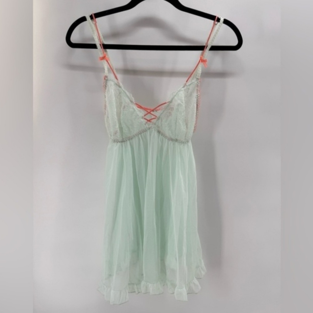 Victoria's Secret Mint Green & Coral Lace Babydoll Chemise Lingerie - Size M - Picture 4 of 5